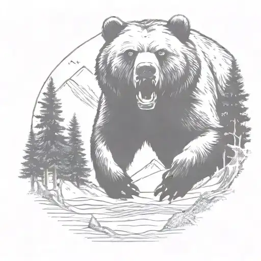 Grizzly Bear charging and roaring in the forrest and mountains tattoo design idea