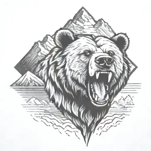 Roaring grizzly bear head with mountains in the background tattoo design idea