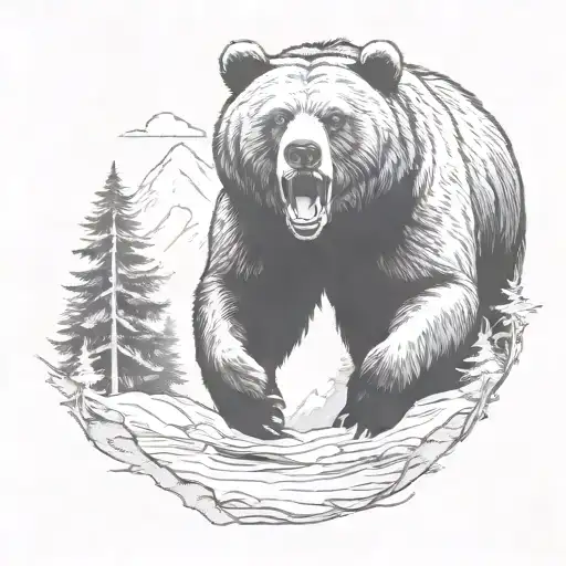 Grizzly Bear charging and roaring in the forrest and mountains tattoo design idea