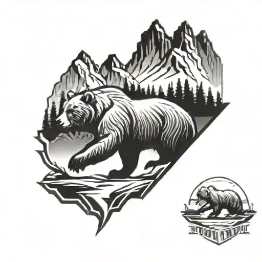 A logo for a run club with a mountain in the background and a buff grizzly bear in the front.   tattoo design idea