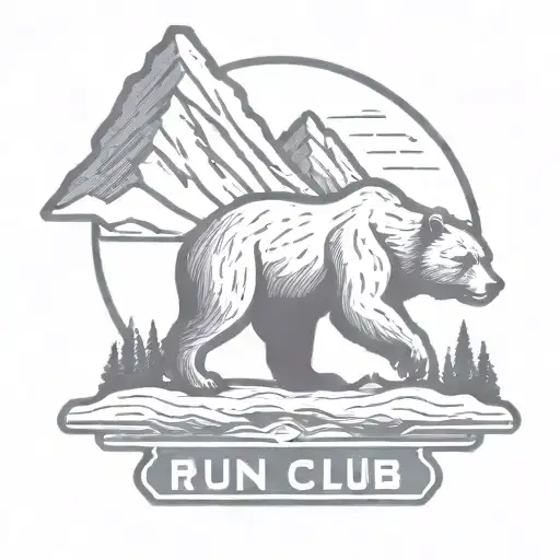 A logo for a run club with a mountain in the background and a buff grizzly bear in the front.   tattoo design idea