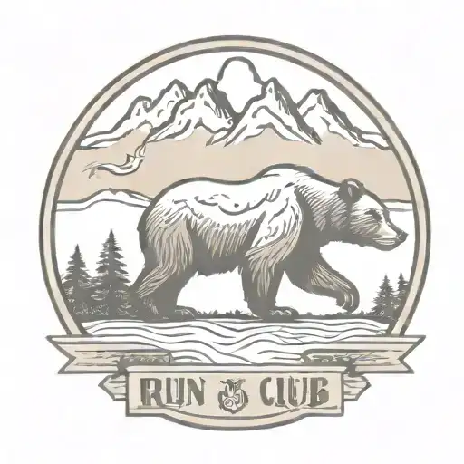 A logo for a run club with a mountain in the background and a buff grizzly bear in the front.   tattoo design idea