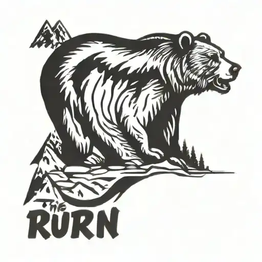 A mountain with a mean looking grizzly bear that is running.  Text at the bottom, "Gold Rush Run Club" tattoo design idea