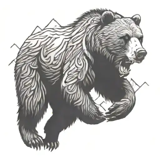 A huge mountain and a running grizzly bear. tattoo design idea