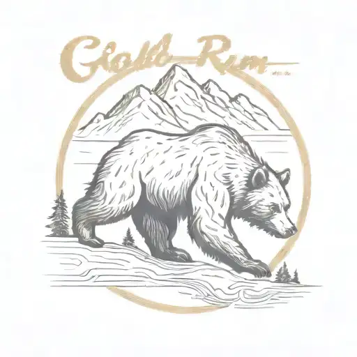A mountain with a mean looking grizzly bear that is running.  Text at the bottom, "Gold Rush Run Club" tattoo design idea