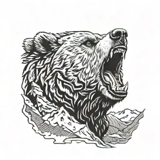 Roaring grizzly bear head with mountains in the background tattoo design idea