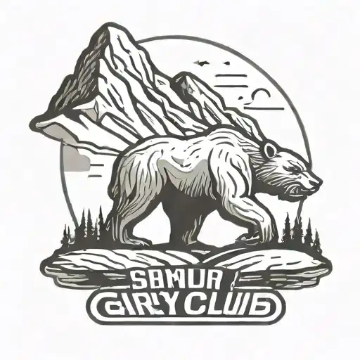 A logo for a run club with a mountain in the background and a buff grizzly bear in the front.   tattoo design idea