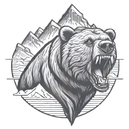 Roaring grizzly bear head with mountains in the background tattoo design idea