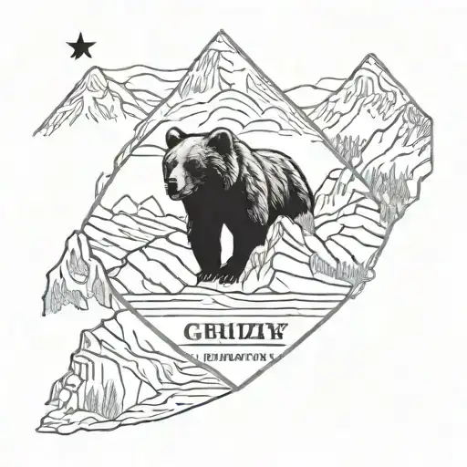 A mountain in the background with a mean-looking grizzly bear in the front.  Text at the bottom, "Gold Rush Run Club" tattoo design idea