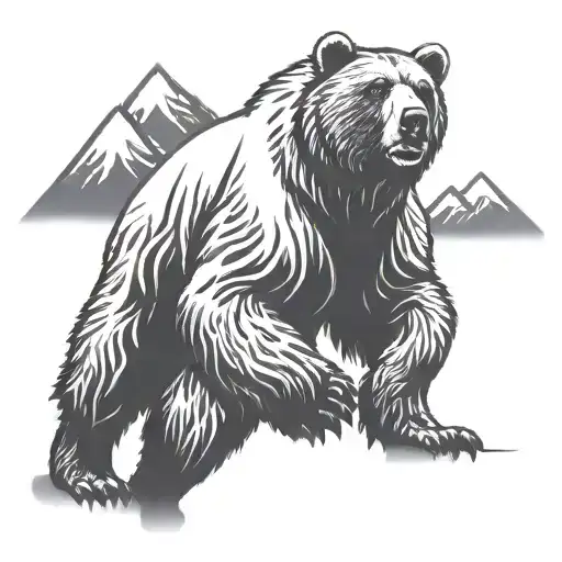 A huge mountain in the background and a running grizzly bear. tattoo design idea