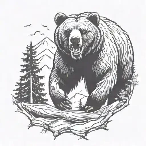 Grizzly Bear charging and roaring in the forrest and mountains tattoo design idea