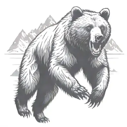 Running Grizzly bear with mountains tattoo design idea