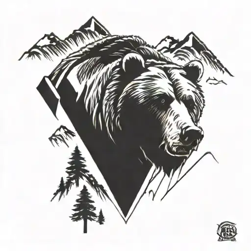 A mountain in the background with a grizzly bear in the front.  tattoo design idea