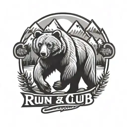 A logo for a run club with a mountain in the background and a buff grizzly bear in the front.   tattoo design idea