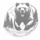 Grizzly Bear charging and roaring in the forrest and mountains tattoo design idea