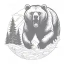 Grizzly Bear charging and roaring in the forrest and mountains tattoo design idea