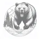 Grizzly Bear charging and roaring in the forrest and mountains tattoo design idea