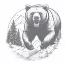Grizzly Bear charging and roaring in the forrest and mountains tattoo design idea