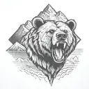 Roaring grizzly bear head with mountains in the background tattoo design idea