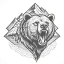 Roaring grizzly bear head with mountains in the background tattoo design idea