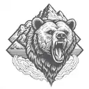 Roaring grizzly bear head with mountains in the background tattoo design idea