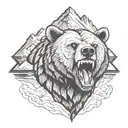 Roaring grizzly bear head with mountains in the background tattoo design idea