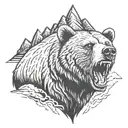 Roaring grizzly bear head with mountains in the background tattoo design idea