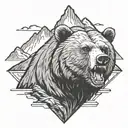 Roaring grizzly bear head with mountains in the background tattoo design idea