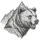 Roaring grizzly bear head with mountains in the background tattoo design idea