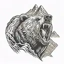 Roaring grizzly bear head with mountains in the background tattoo design idea
