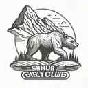 A logo for a run club with a mountain in the background and a buff grizzly bear in the front.   tattoo design idea