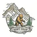 A logo for a run club with a mountain in the background and a buff grizzly bear in the front.   tattoo design idea