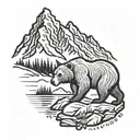 A logo for a run club with a mountain in the background and a buff grizzly bear in the front.   tattoo design idea