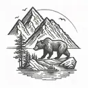 A logo for a run club with a mountain in the background and a buff grizzly bear in the front.   tattoo design idea