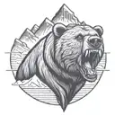 Roaring grizzly bear head with mountains in the background tattoo design idea