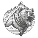 Roaring grizzly bear head with mountains in the background tattoo design idea