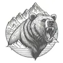 Roaring grizzly bear head with mountains in the background tattoo design idea