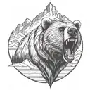 Roaring grizzly bear head with mountains in the background tattoo design idea