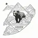 A mountain in the background with a mean-looking grizzly bear in the front.  Text at the bottom, "Gold Rush Run Club" tattoo design idea