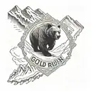 A mountain in the background with a mean-looking grizzly bear in the front.  Text at the bottom, "Gold Rush Run Club" tattoo design idea