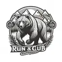 A logo for a run club with a mountain in the background and a buff grizzly bear in the front.   tattoo design idea