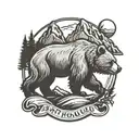 A logo for a run club with a mountain in the background and a buff grizzly bear in the front.   tattoo design idea
