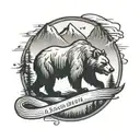 A logo for a run club with a mountain in the background and a buff grizzly bear in the front.   tattoo design idea