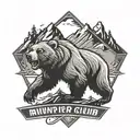 A logo for a run club with a mountain in the background and a buff grizzly bear in the front.   tattoo design idea