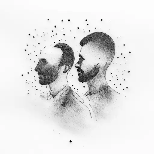 Tattoo on arm, silhouette of two men embracing, gay, subtle, simplistic, Realistic, progressive fading of borders  tattoo design idea