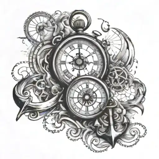 map background, compass on the top, clock in the middle and anchor on the bottom tattoo design tattoo design idea