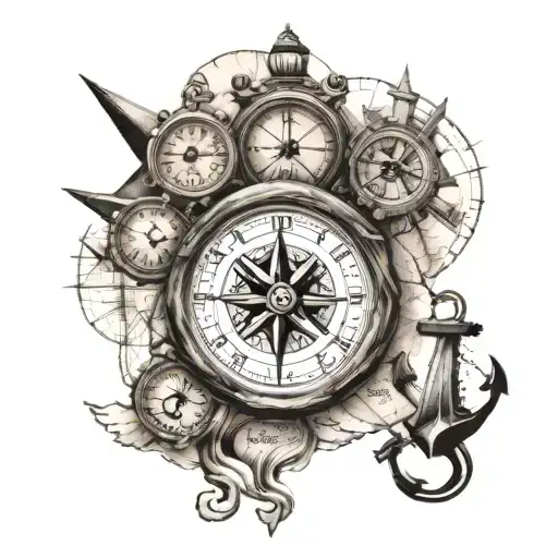 map background, compass on the top, clock in the middle and anchor on the bottom tattoo design tattoo design idea
