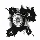 map background, compass on the top, clock in the middle and anchor on the bottom tattoo design tattoo design idea