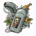 vodka bottle running with a wheelie bin question mark tattoo design idea