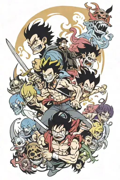 A dynamic action scene featuring characters from Devilman Crybaby and One Piece in a neotraditional style tattoo design idea